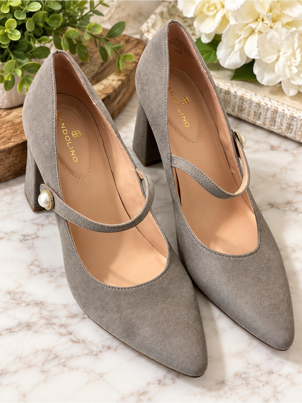 Bandolino Gray Suede Mary Jane Block Heels with Pearl Button pointed toe